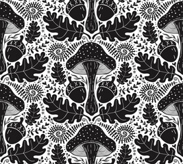 hand drawn forest woodland damask mushroom acorns and foliage seamless pattern, black and white repeat design print