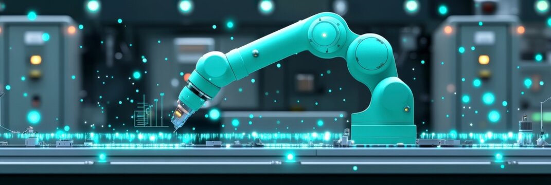 Modern turquoise robotic arm in a digital setting