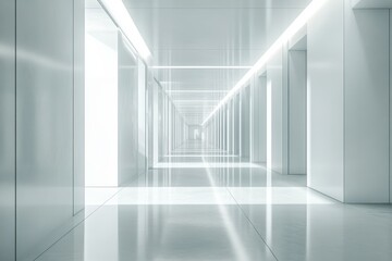 Obraz premium Futuristic hospital corridor with bright white lighting for modern healthcare design