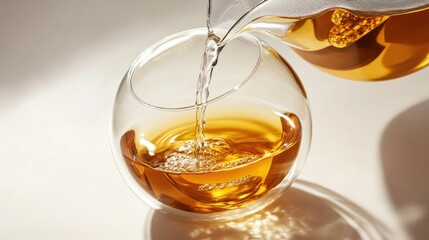 Close-up of tea being poured from a teapot into a glass cup, with soft light highlighting the warm amber color.