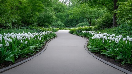 Obraz premium Spring flora pathway in nature serene garden walkway surrounded by flowers