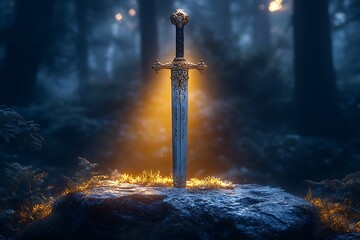 Enchanted Forest Sword in Stone Fantasy Game Art, Epic Medieval Weapon