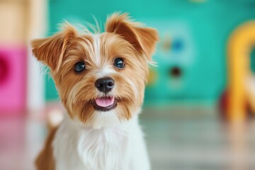 A small dog on a blue playground surface at a pet hotel, with a softly blurred background and copy space.
