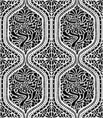 black and white climbing  trailing floral botanical ogees stripes in vintage antique style seamless pattern, vector illustration repeat design