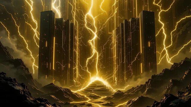 Futuristic Golden Cityscape with Lightning Strikes a Dramatic Digital Art Background