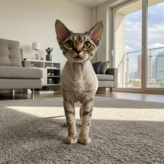 Devon Rex Cat Playfully Posing on a Soft Carpet, Its Curled Ears and Unique Coat Catching the Light