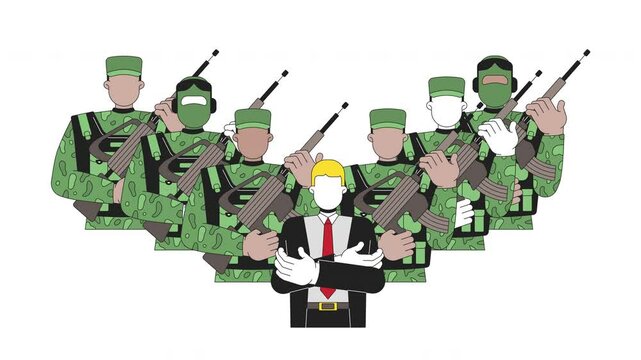 Military dictatorship and political control 2D animation. Faceless politician dictator surrounded by armed soldiers animated characters cartoon flat concept metaphor 4K video isolated on white