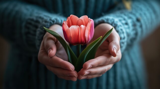 World Parkinson's Disease Day. A close-up portrait of hands holding a tulip, symbolizing hope for Parkinson's awareness