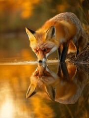 Obraz premium Red Fox Drinking Water Reflection Calm Pond Autumn Wildlife Scene