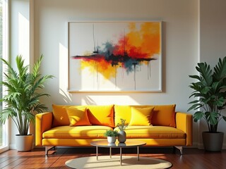 Sala de estar luminosa con un sofá de color amarillo mostaza, una mesa de centro de vidrio y una maqueta de marco abstracto moderno en la pared
