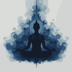 silhouette of meditating Buddha surrounded by abstract blue smoke
