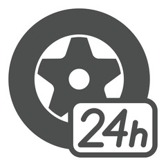 Car wheel tire with 24 hour support solid icon, car service concept. Vector graphics. Changing car tires, repair sign on white background, glyph style icon for mobile or web design.