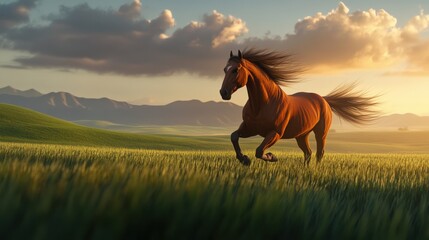 Majestic Horse Running in Lush Green Fields Under Golden Sunset