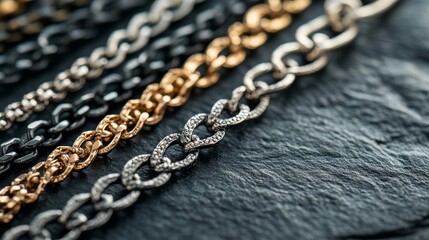 Fototapeta premium Beautiful chain bracelets on black charcoal, closeup
