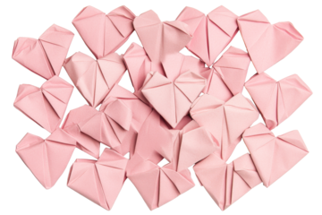 Colorful collection of pink origami hearts on transparent background