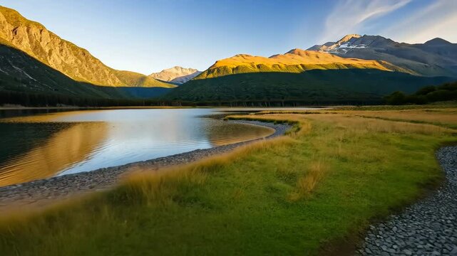 A beautiful landscape with a river and mountains in the background. The sky is clear and the sun is shining brightly