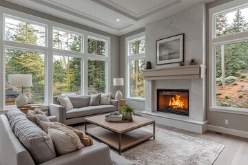 Fototapeta premium Cozy living room with a fireplace, gray couch, armchair, coffee table, end tables, and soft lighting, featuring modern farmhouse-style decor and natural light.