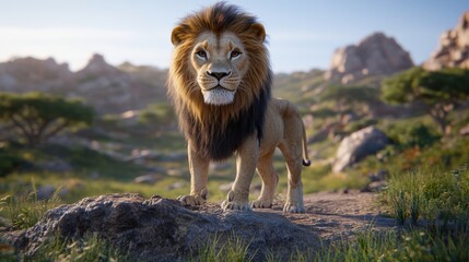 Majestic Lion Standing on Rocky Terrain at Sunset in Nature