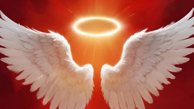 A pair of large, isolated white angel wings with a glowing gold halo floating in a sexy red background