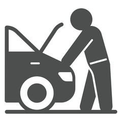 Repair man inspecting car engine solid icon, car service concept. Vector graphics. Motor engine repairing sign on white background, glyph style icon for mobile or web design.