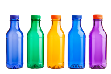 Colorful plastic bottles lined up on a transparent background