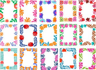 Fototapeta premium groovy funky, modern bold minimalist art flower blooms and foliage leaves borders frames collection,vector illustration graphic set