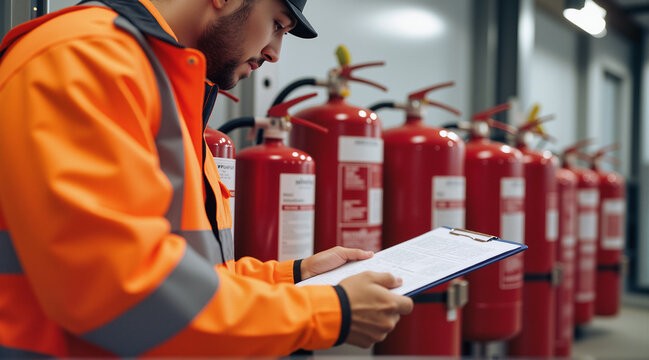 Fire Extinguisher Inspection – Professional Technician with Clipboard for Insurance Renewal and Safety Compliance  