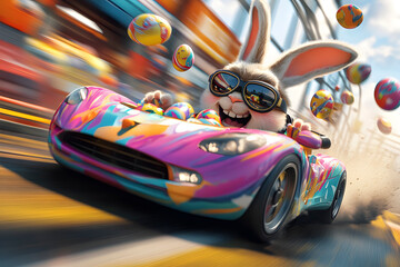 rabbit driving a race car and easter eggs