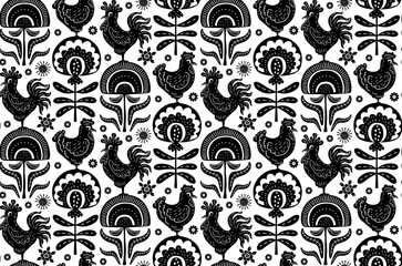 black and white rustic farmhouse block print style folk chickens roosters and abstract flowers seamless pattern, vector illustration repeat design