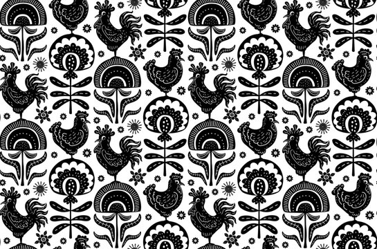 Fototapeta black and white rustic farmhouse block print style folk chickens roosters and abstract flowers seamless pattern, vector illustration repeat design