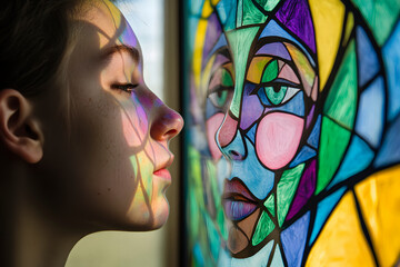 girl in front of a stained-glass window