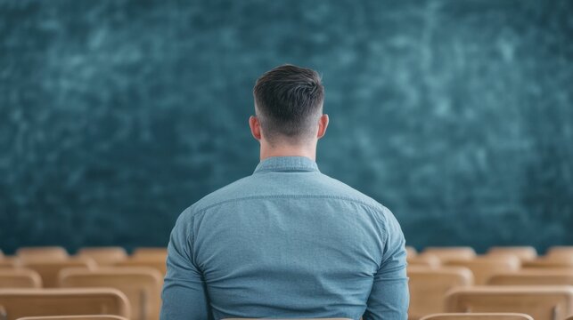 A teacher covering for an absent colleague, managing a class of unfamiliar students with a mix of determination and anxiety,