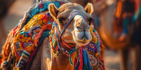 Fototapeta premium Camels adorned with colorful accessories stand in the sunlit desert.