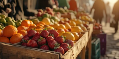 Crates filled with locally grown fresh produce line the shelves of the community farmers market. One stop shopping for organically grown fruits and berries.