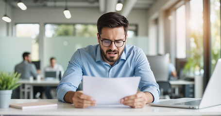 Fototapeta premium Shocked Businessman Reading Tax Document at Office Desk – Financial Stress Concept for Income Tax Return Content 