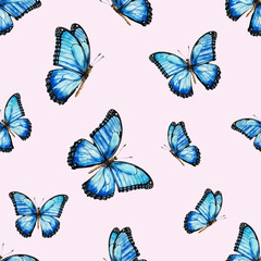Title: Blue morpho butterflies fly. Seamless pattern. Summer watercolor background. Texture for fabric, wrapping, wallpaper. Decorative print.