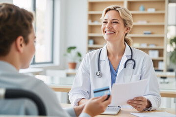 Fototapeta premium Senior Female Doctor Assisting Disabled Patient With Credit Card Payment – Medical Billing for Insurance Renewal 