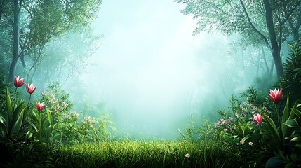 Fototapeta premium Spring flora blooming in nature's misty landscape enchanting flowers in a lush environment