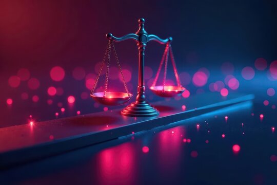 Abstract scales icon with binary code and glowing nodes , legal tech, system