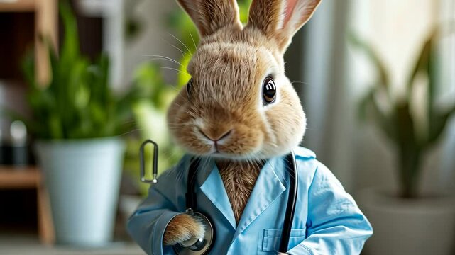 Bunny in a doctor coat with a toy stethoscope, healthcare theme and room for text ture..
