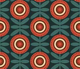 retro poppy flowers mcm seamless pattern, vector illustration repeat design