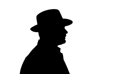 Silhouette of man wearing hat in profile against white background