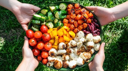 Family sharing a platter of colorful vegetarian appetizers, vibrant outdoor garden setting, sunny day, joyful and communal