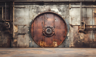 Rusty industrial vault door set against a weathered metal wall, evoking a sense of mystery and abandonment