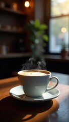 Dark roast coffee, steam rising, wooden cafe table, cup, beans, morning