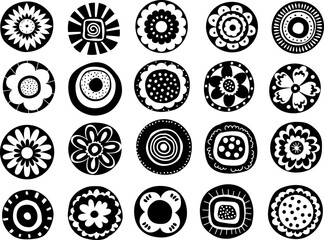hand drawn black and white ink boho medallions  blooms collection, vector illustration graphic set