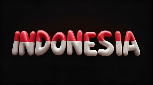 Glossy 3D Indonesia Flag Balloon Letters Typography - Red White Text on Dark Background