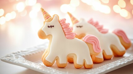Whimsical unicorn shaped cookies with pastel icing on decorative plate for party inspiration