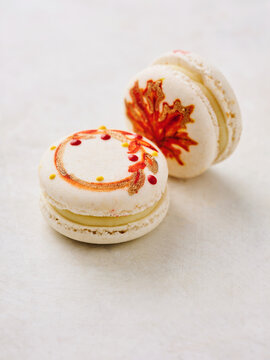 Two beautifully crafted macarons showcase intricate autumn leaf designs with vibrant colors against a light backdrop, celebrating seasonal flavors and artistry