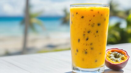 Refreshing Passion Fruit and Mango Juice in a Tropical Beach Setting